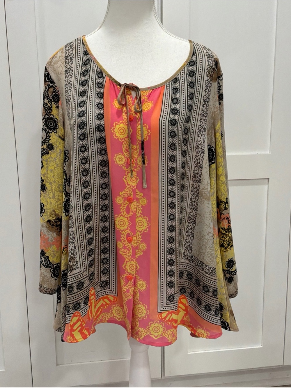 Style and Co Spanish Gardens 3/4 Slv Blouse Button Front Boho Floral Butterfly M
